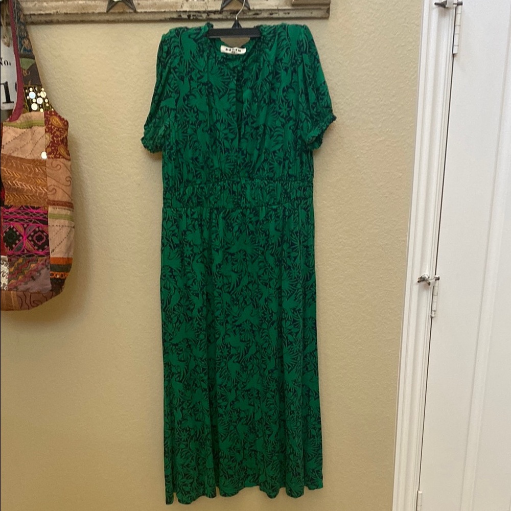 Boden Green Bird and Floral Puff Sleeve Midi Dress size 8